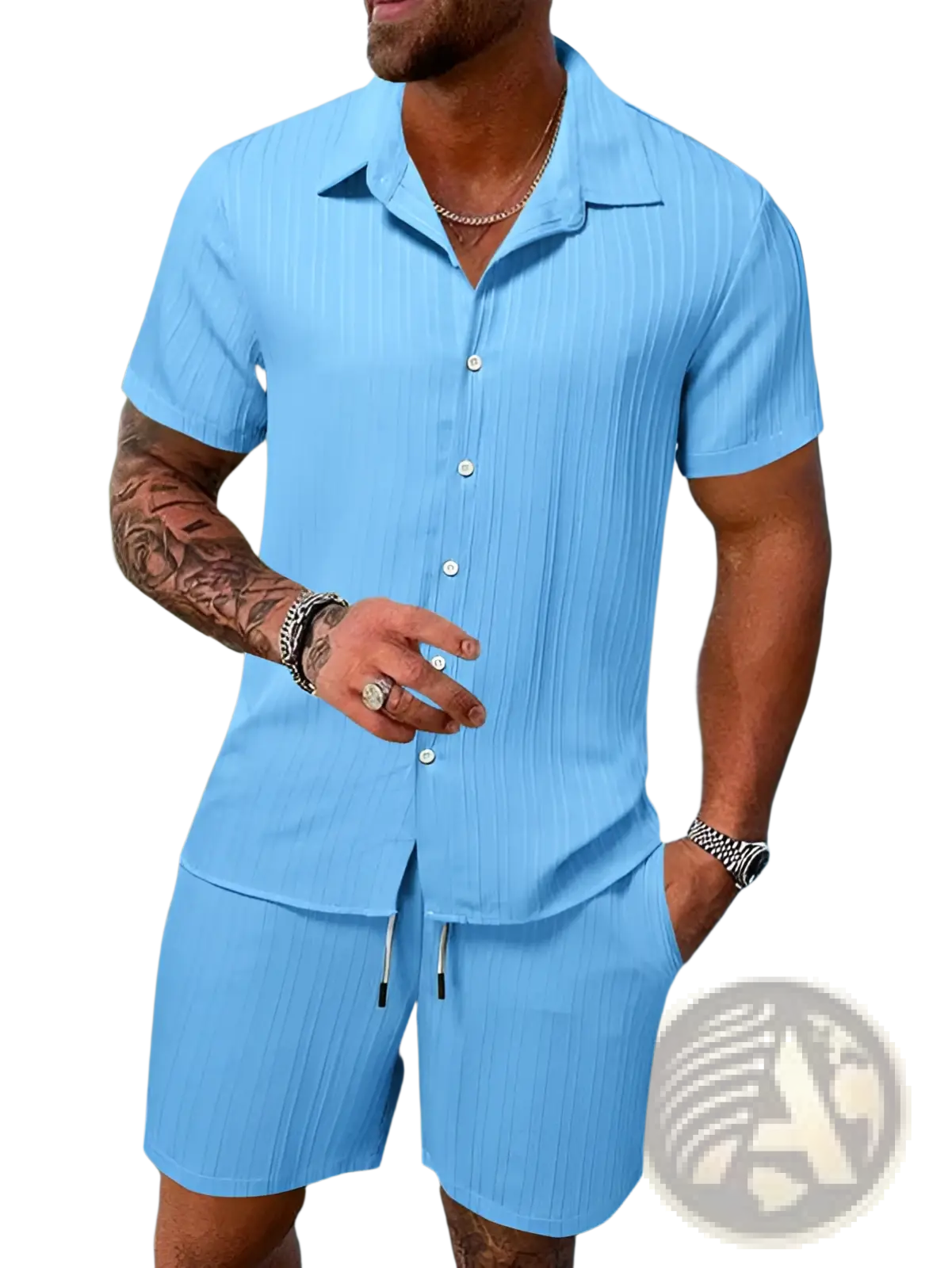 Men's Ribbed Short Sleeve Shirt and Shorts Beach Set