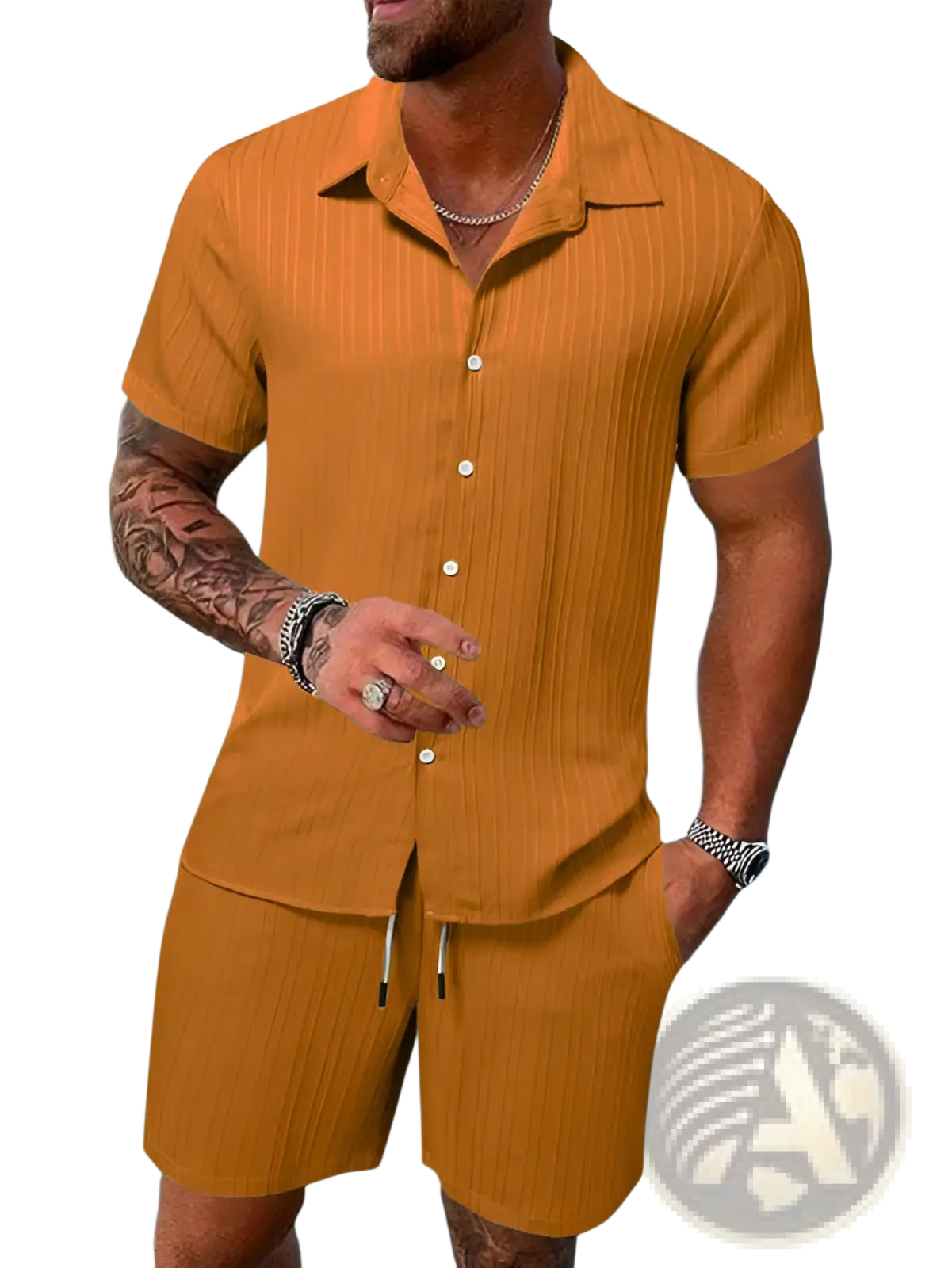 Men's Ribbed Short Sleeve Shirt and Shorts Beach Set