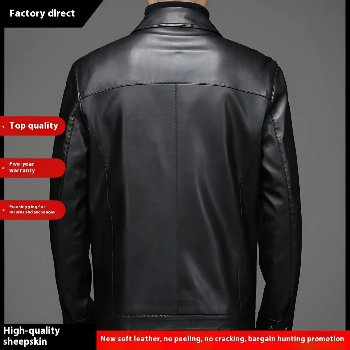 Men's Sheepskin Leather Jacket Thin Fleece Lining