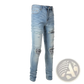 Men's Slim Fit Bandana Patch Light Wash Distressed Jeans