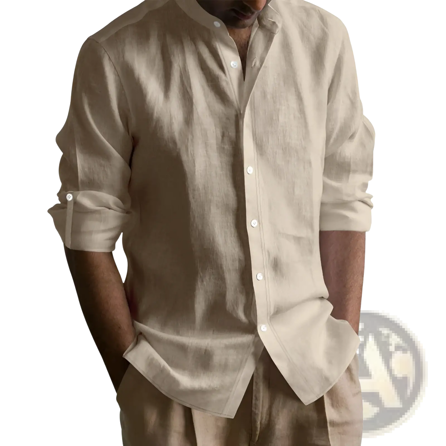 Men's Slim Fit Linen Blend Stand Collar Long Sleeve Shirt