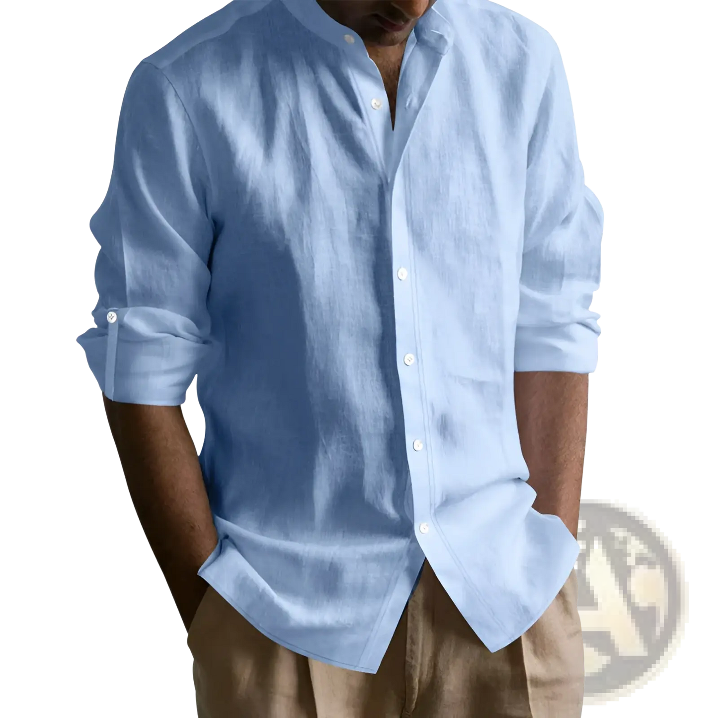 Men's Slim Fit Linen Blend Stand Collar Long Sleeve Shirt