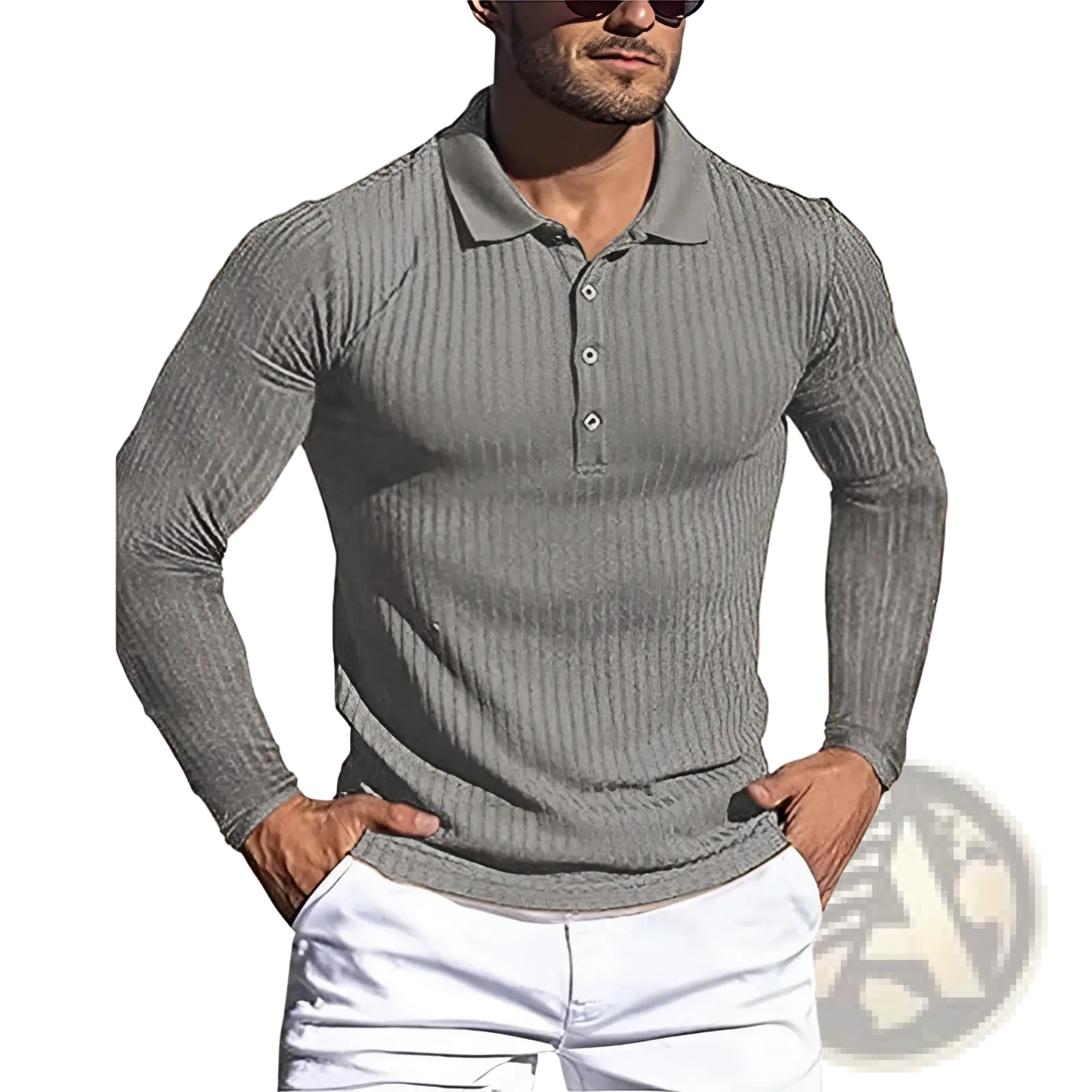 Men's Slim Fit Ribbed Knit Long Sleeve Polo Shirt