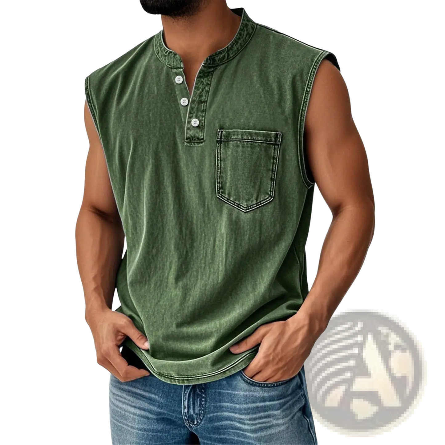Men's Slim Fit Sleeveless Denim Henley Shirt