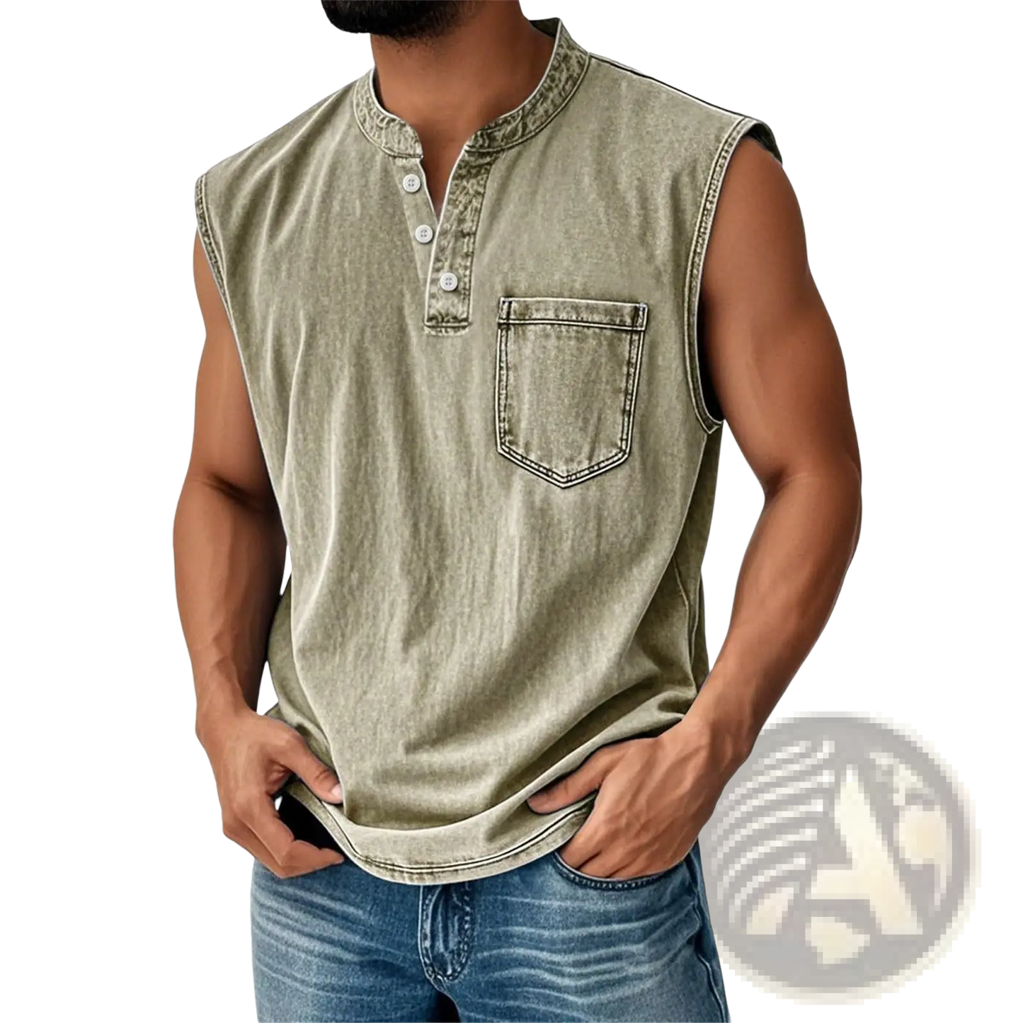 Men's Slim Fit Sleeveless Denim Henley Shirt