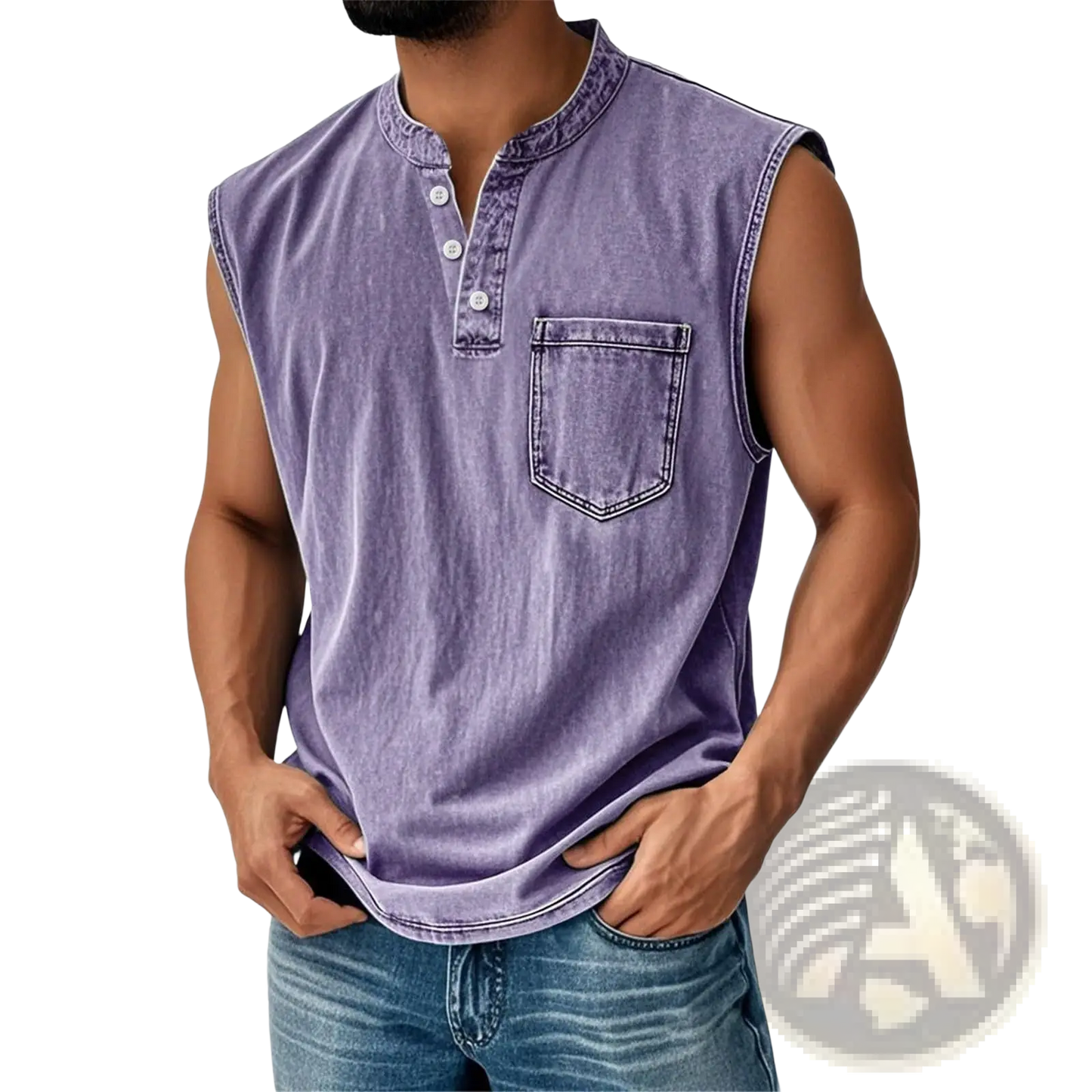 Men's Slim Fit Sleeveless Denim Henley Shirt
