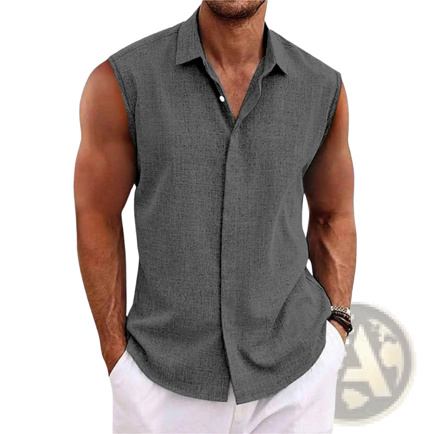 Men's Slim Fit Textured Sleeveless Linen Blend Beach Shirt