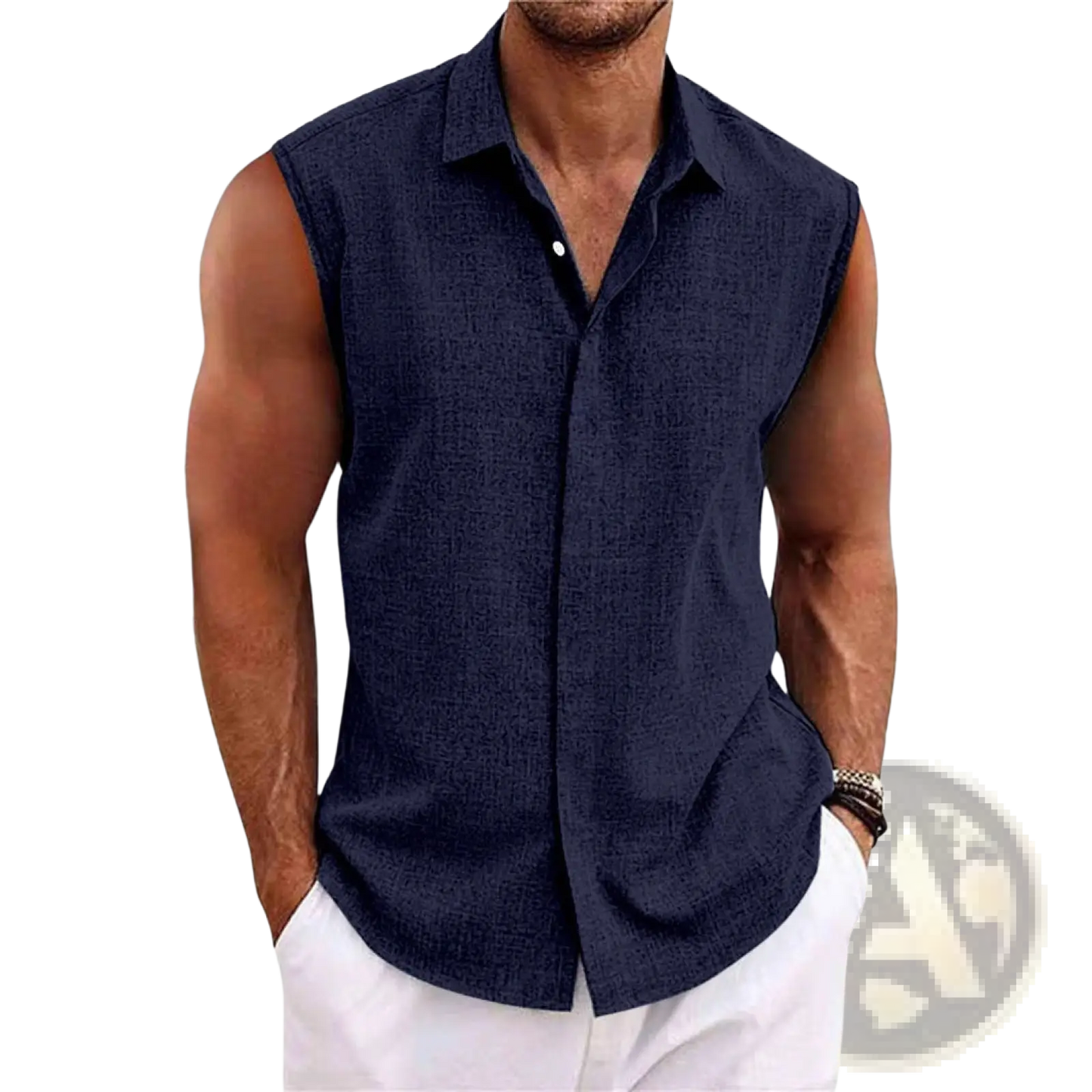 Men's Slim Fit Textured Sleeveless Linen Blend Beach Shirt