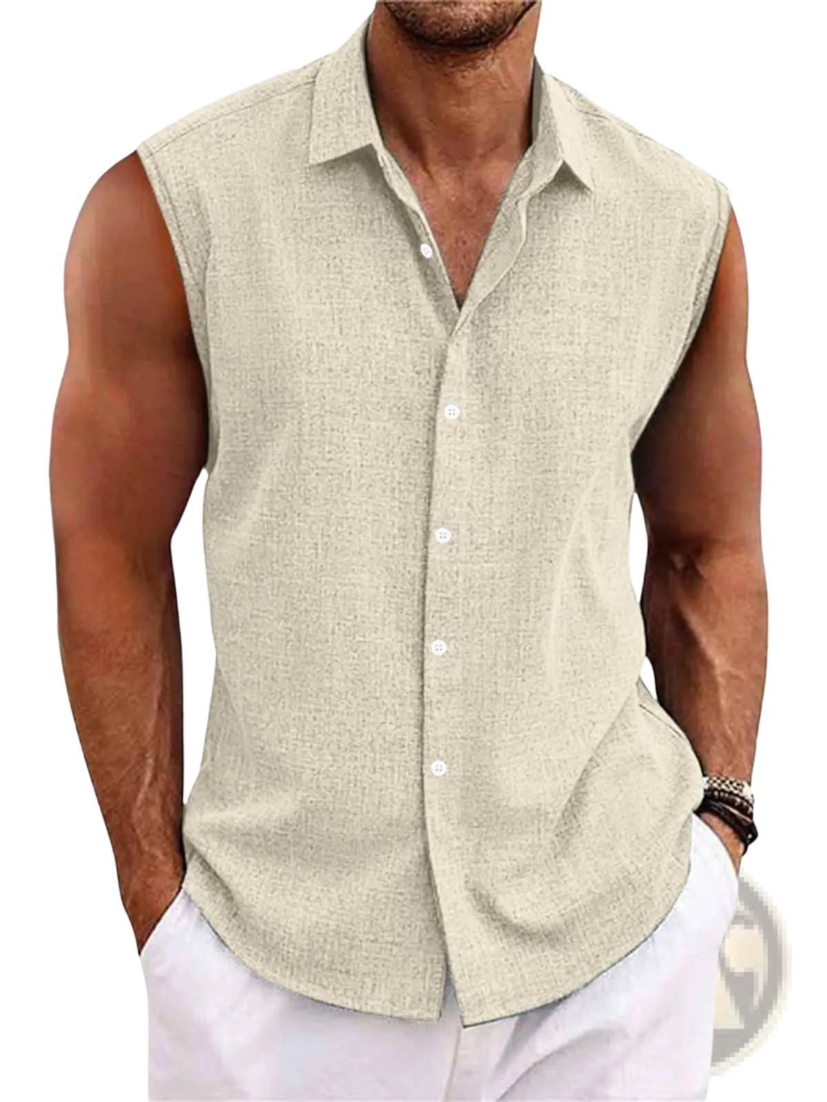 Men's Slim Fit Textured Sleeveless Linen Blend Beach Shirt