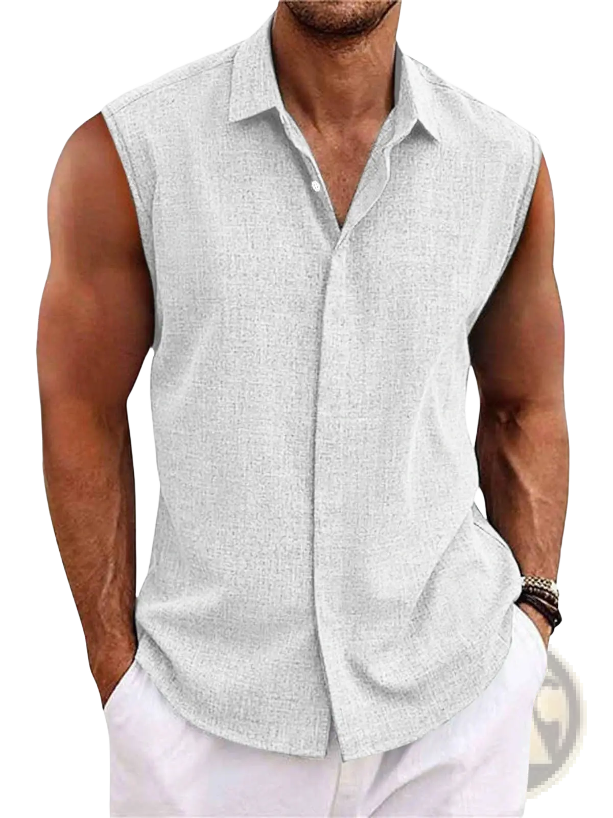 Men's Slim Fit Textured Sleeveless Linen Blend Beach Shirt