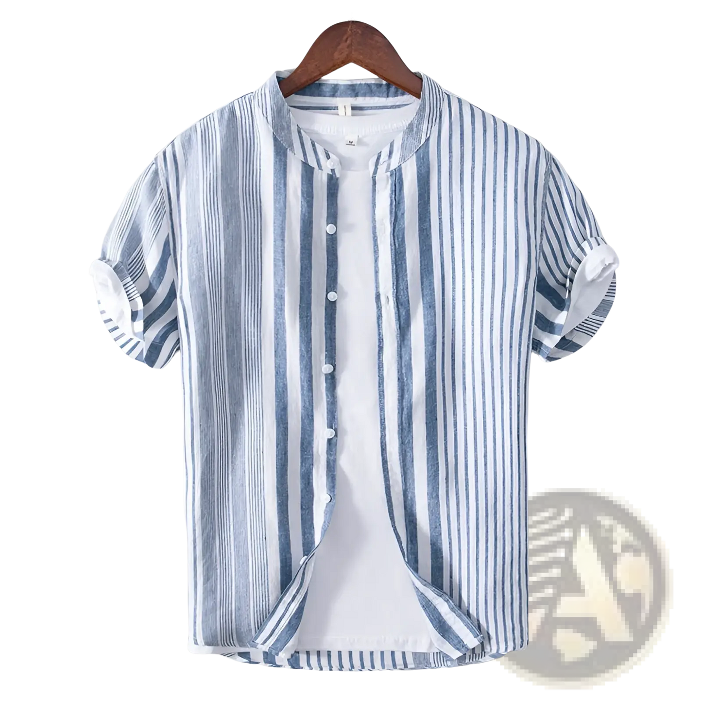 Men's Striped Linen Mandarin Collar Short Sleeve Shirt