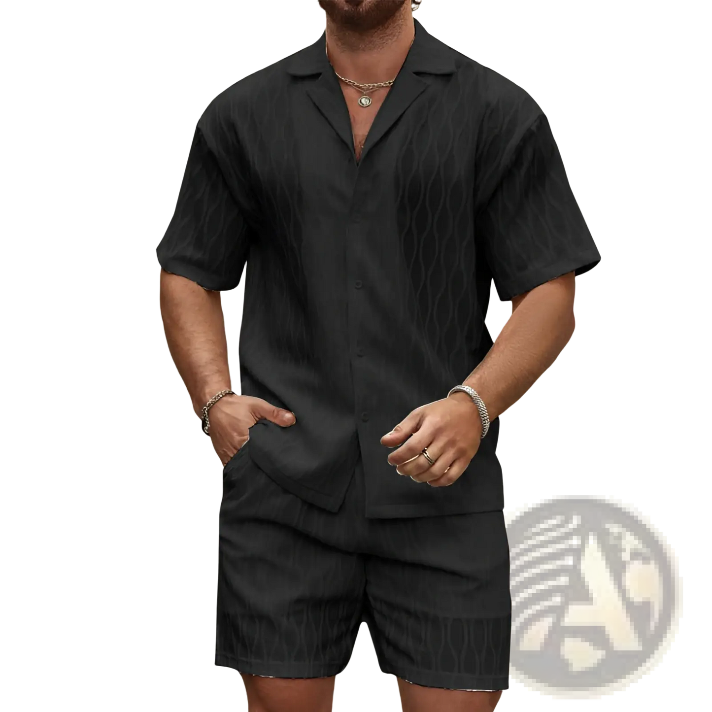 Men's Textured Wave Pattern Summer Shirt and Shorts Set