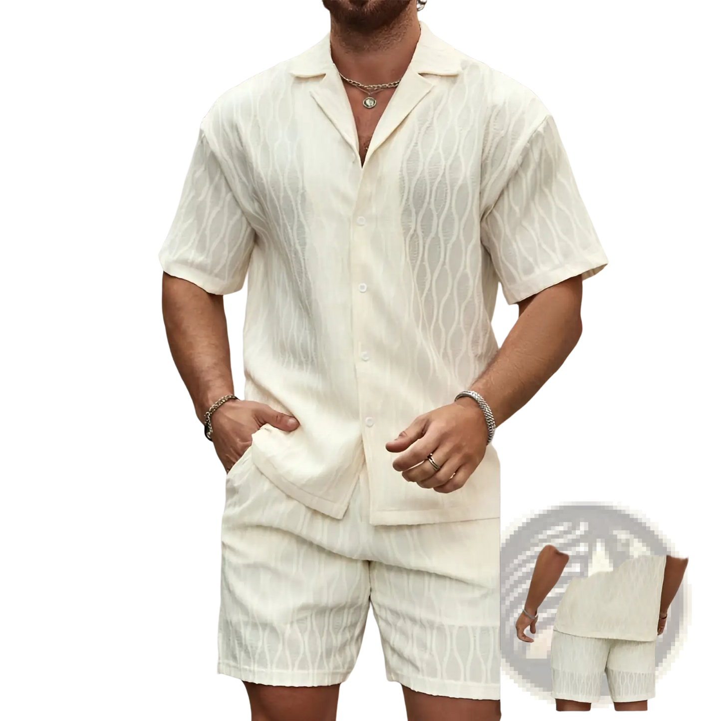 Men's Textured Wave Pattern Summer Shirt and Shorts Set