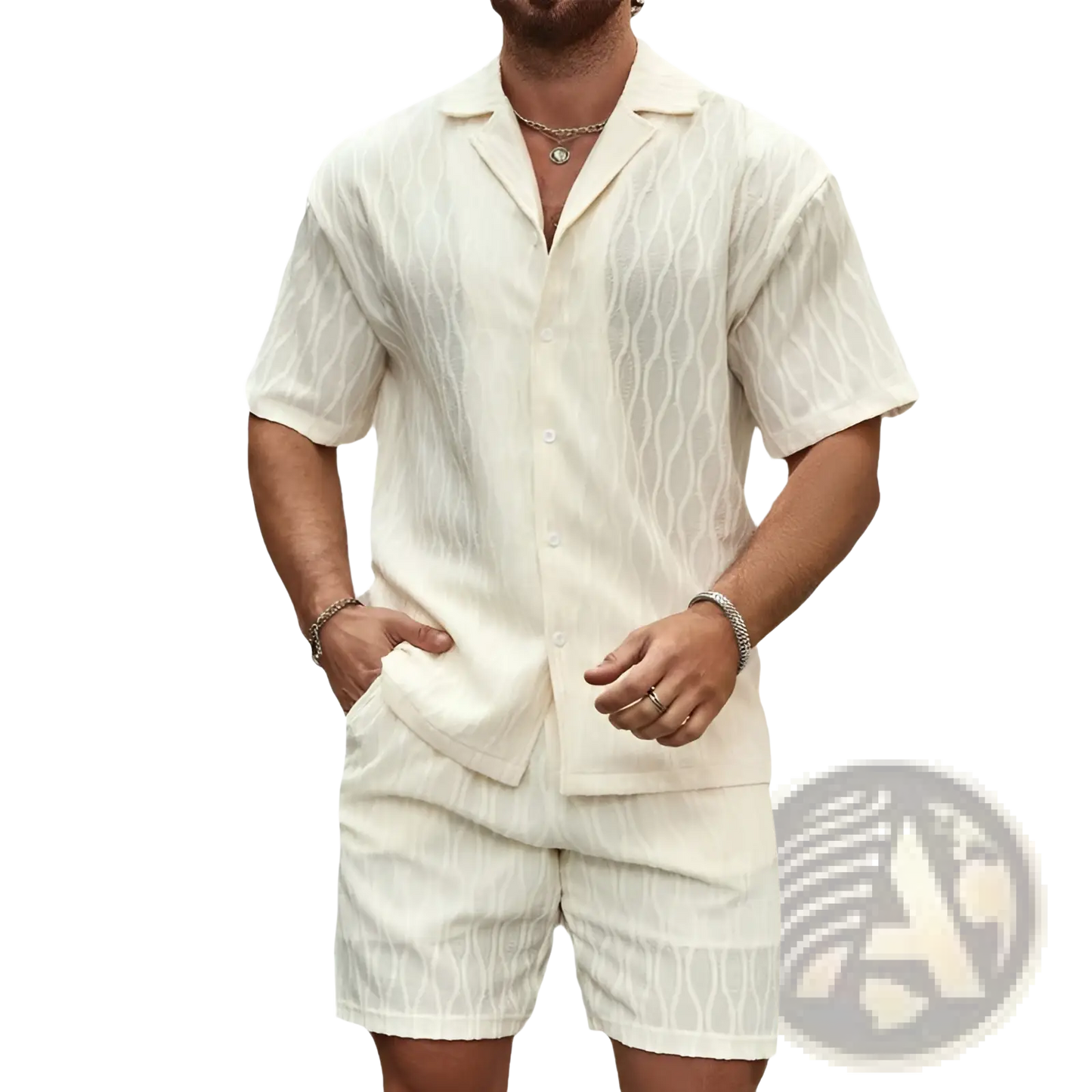 Men's Textured Wave Pattern Summer Shirt and Shorts Set
