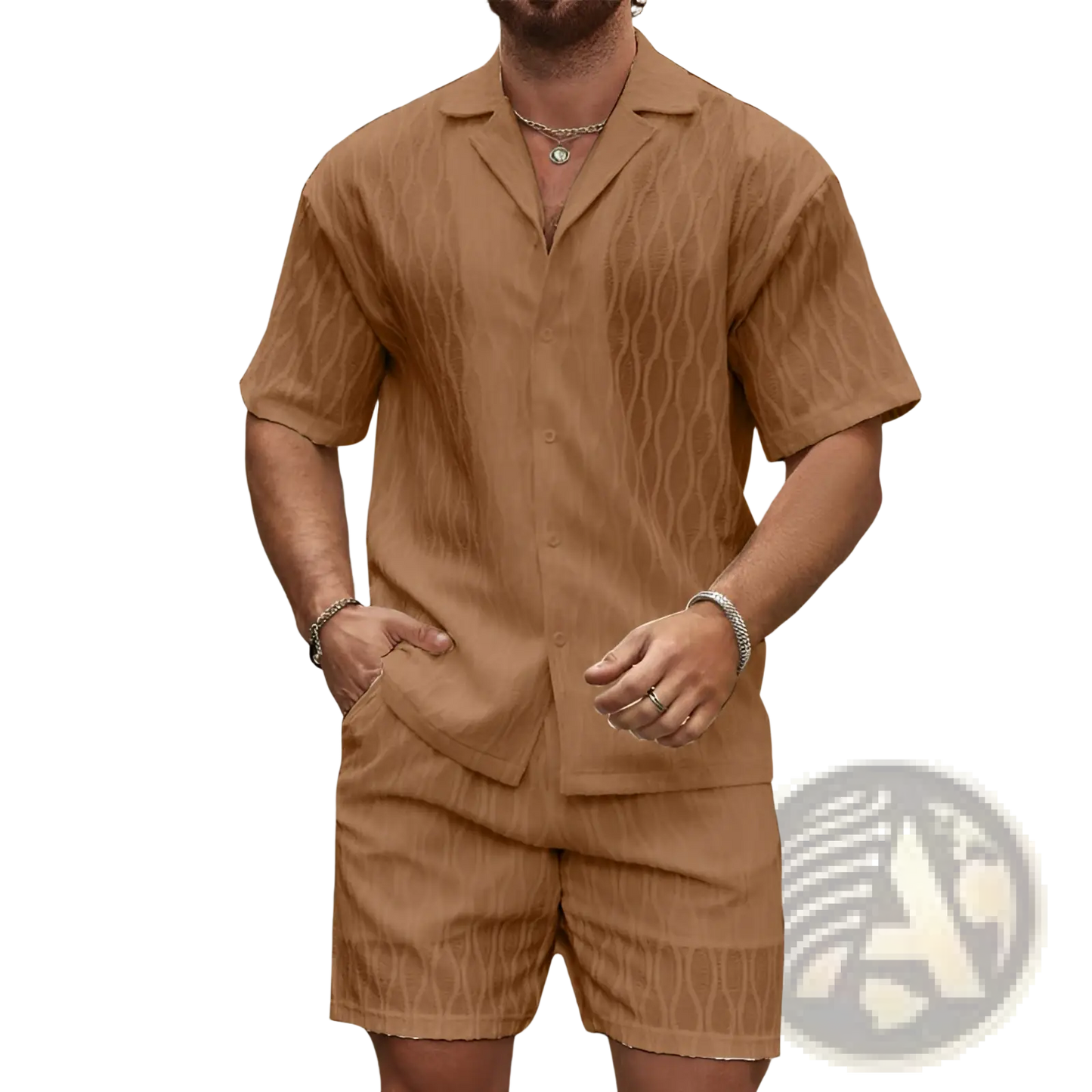 Men's Textured Wave Pattern Summer Shirt and Shorts Set