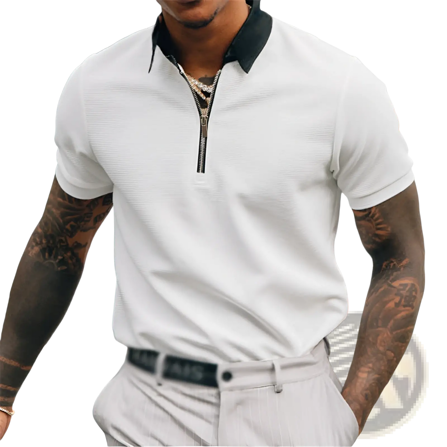 Men's Textured White Polo Shirt with Black Contrast Zipper