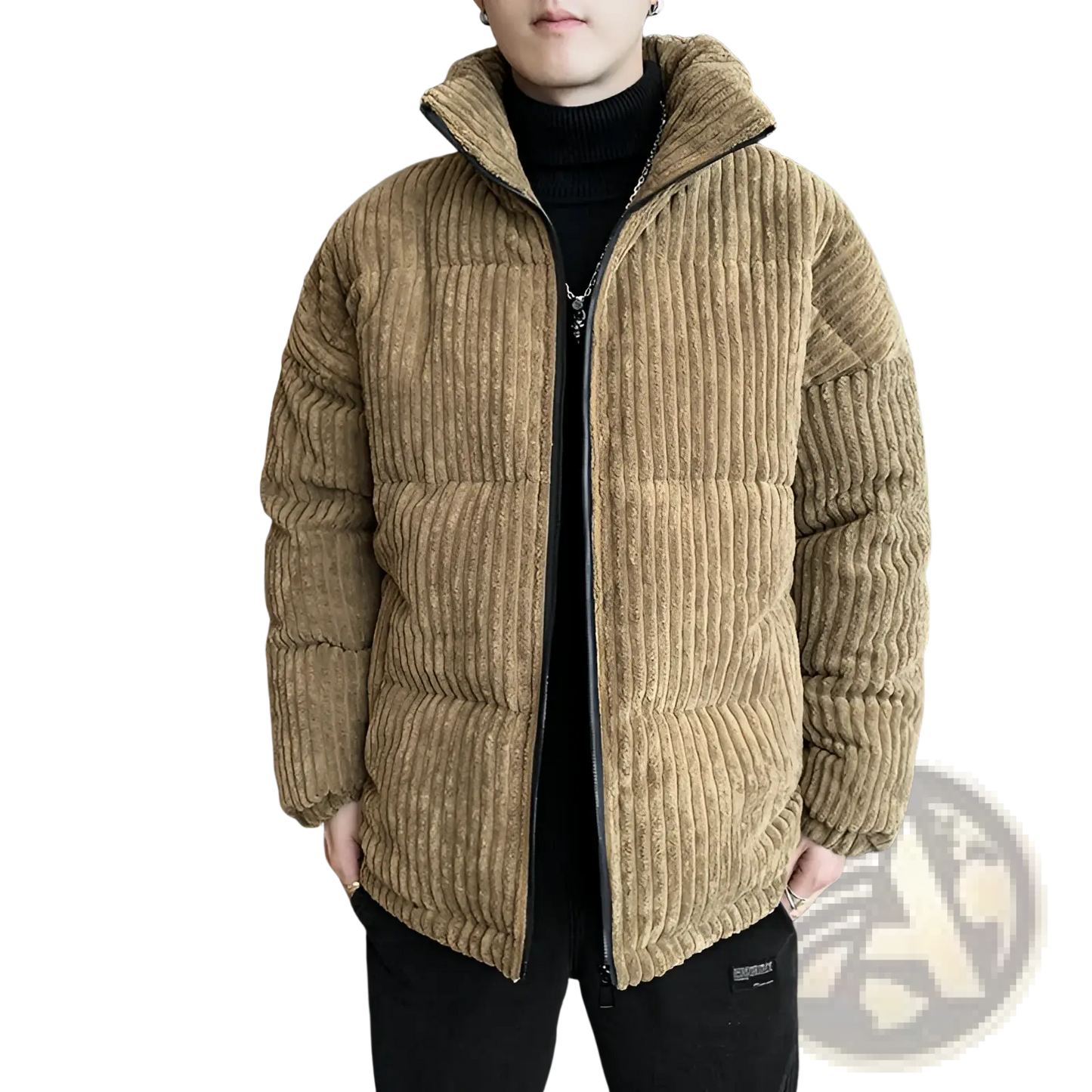 Men's Thickened Corduroy Puffer Jacket with High Collar