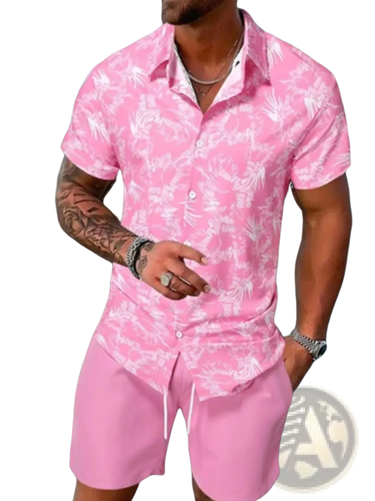 Men's Tropical Print Short Sleeve Shirt and Shorts Set