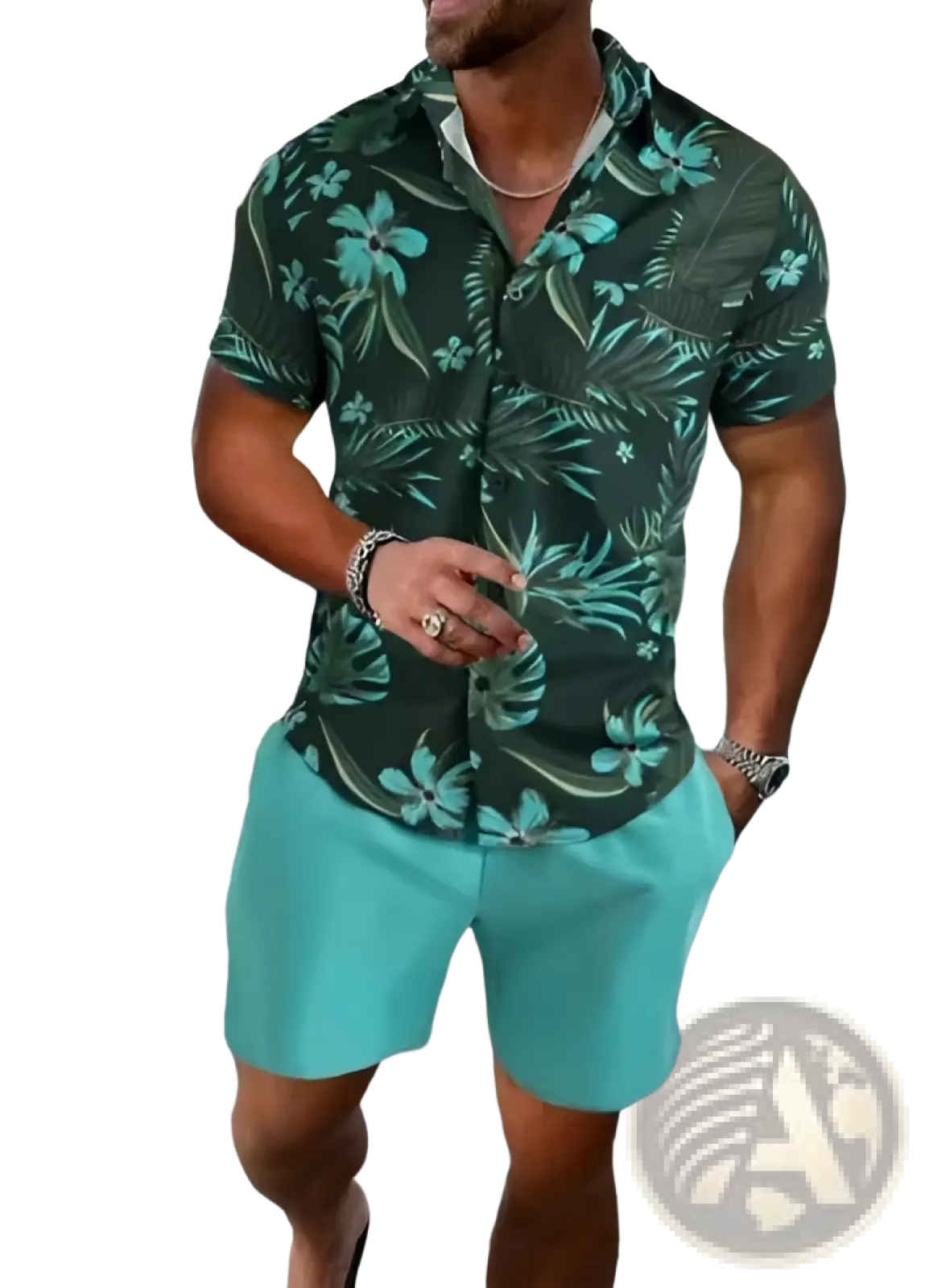 Men's Tropical Print Short Sleeve Shirt and Shorts Set