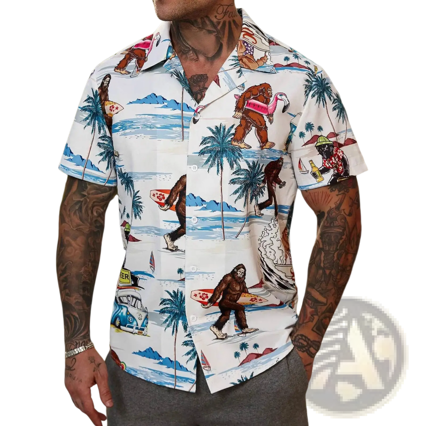 Men's Tropical Surfing Bigfoot Short Sleeve Hawaiian Shirt