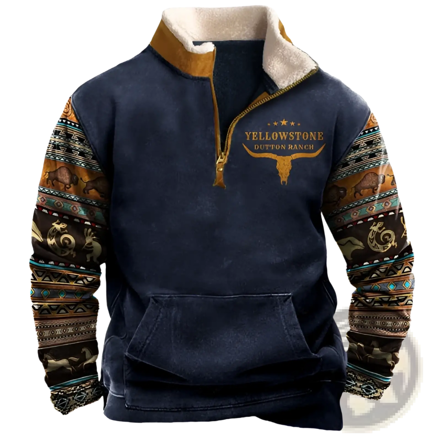 Men's Vintage Yellowstone Tribal Print Fleece Quarter Zip Jacket