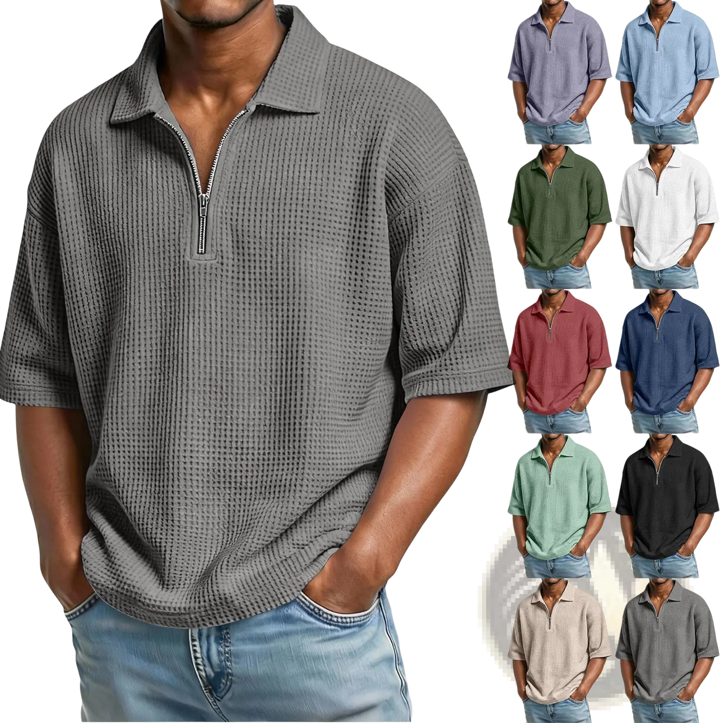 Men's Waffle Knit Half Zip Short Sleeve Polo Shirt