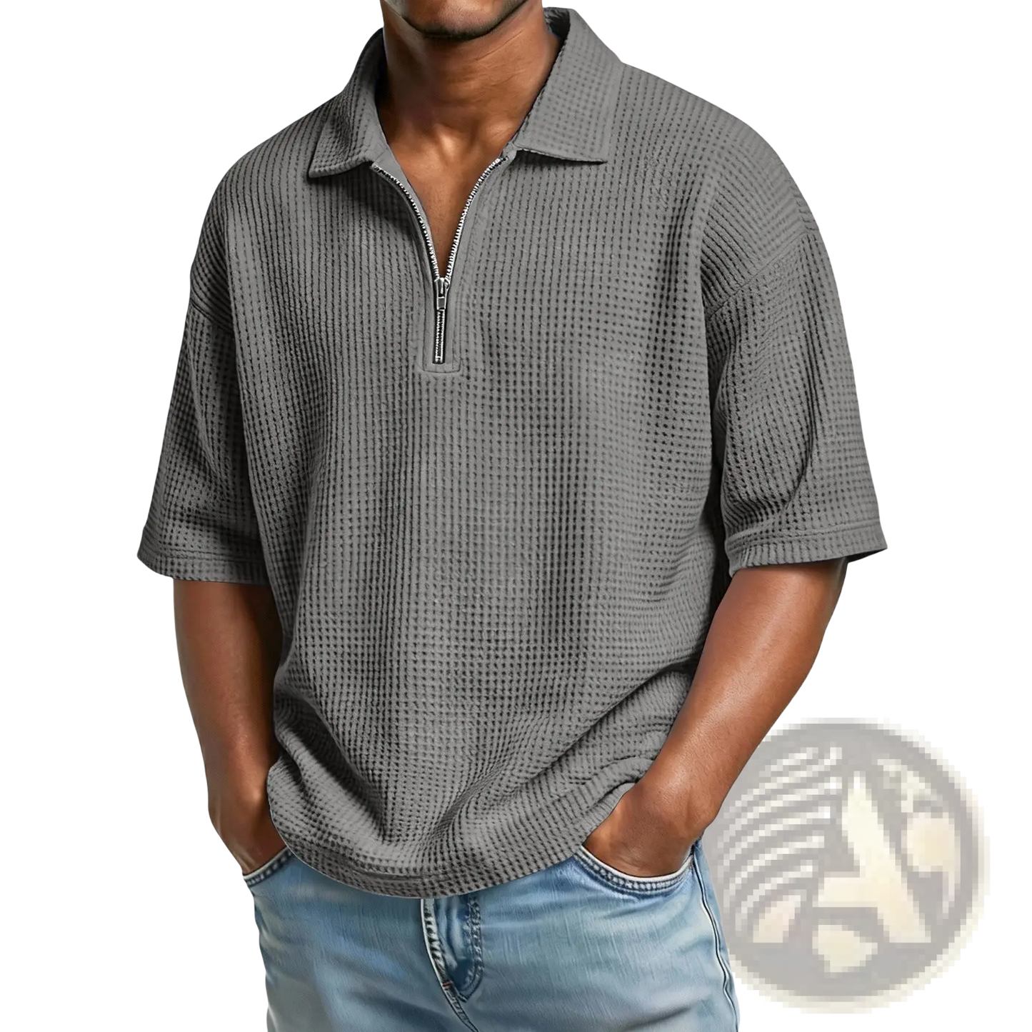Men's Waffle Knit Half Zip Short Sleeve Polo Shirt