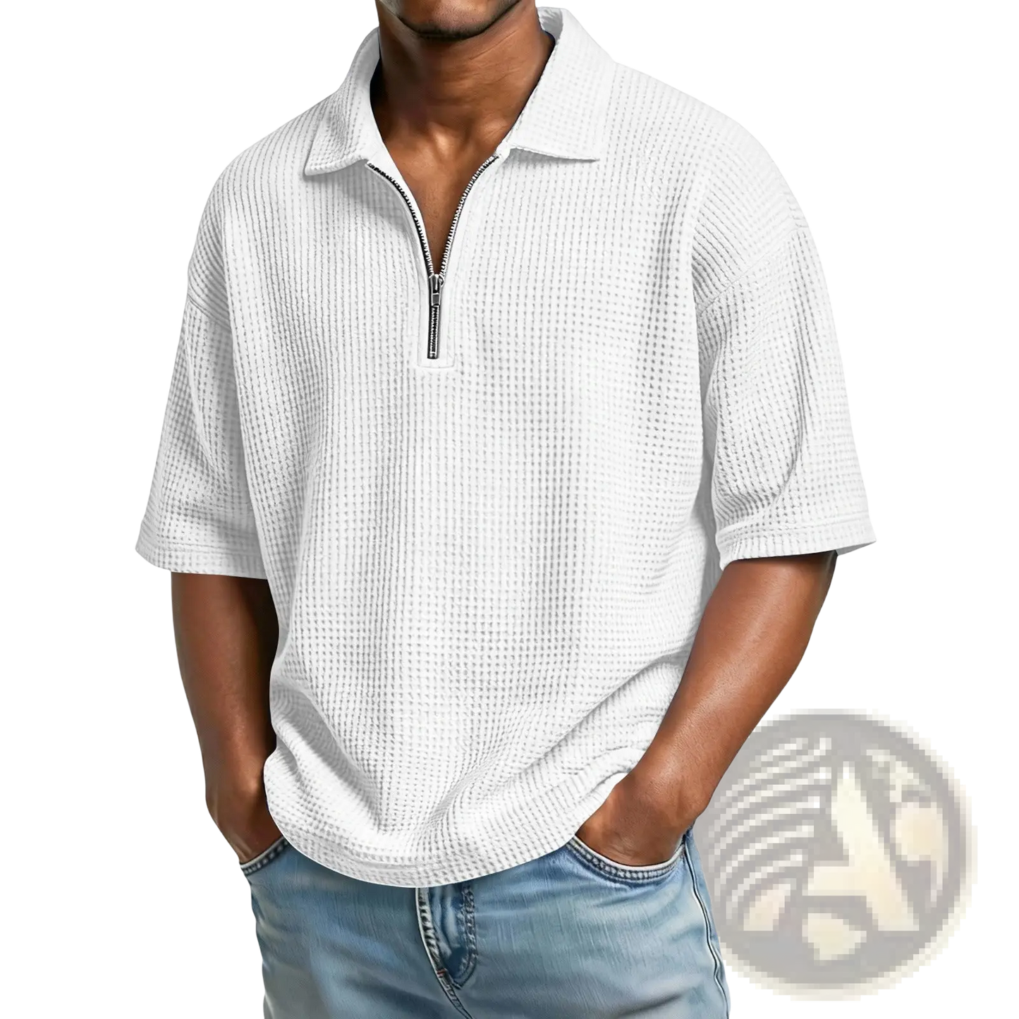Men's Waffle Knit Half Zip Short Sleeve Polo Shirt