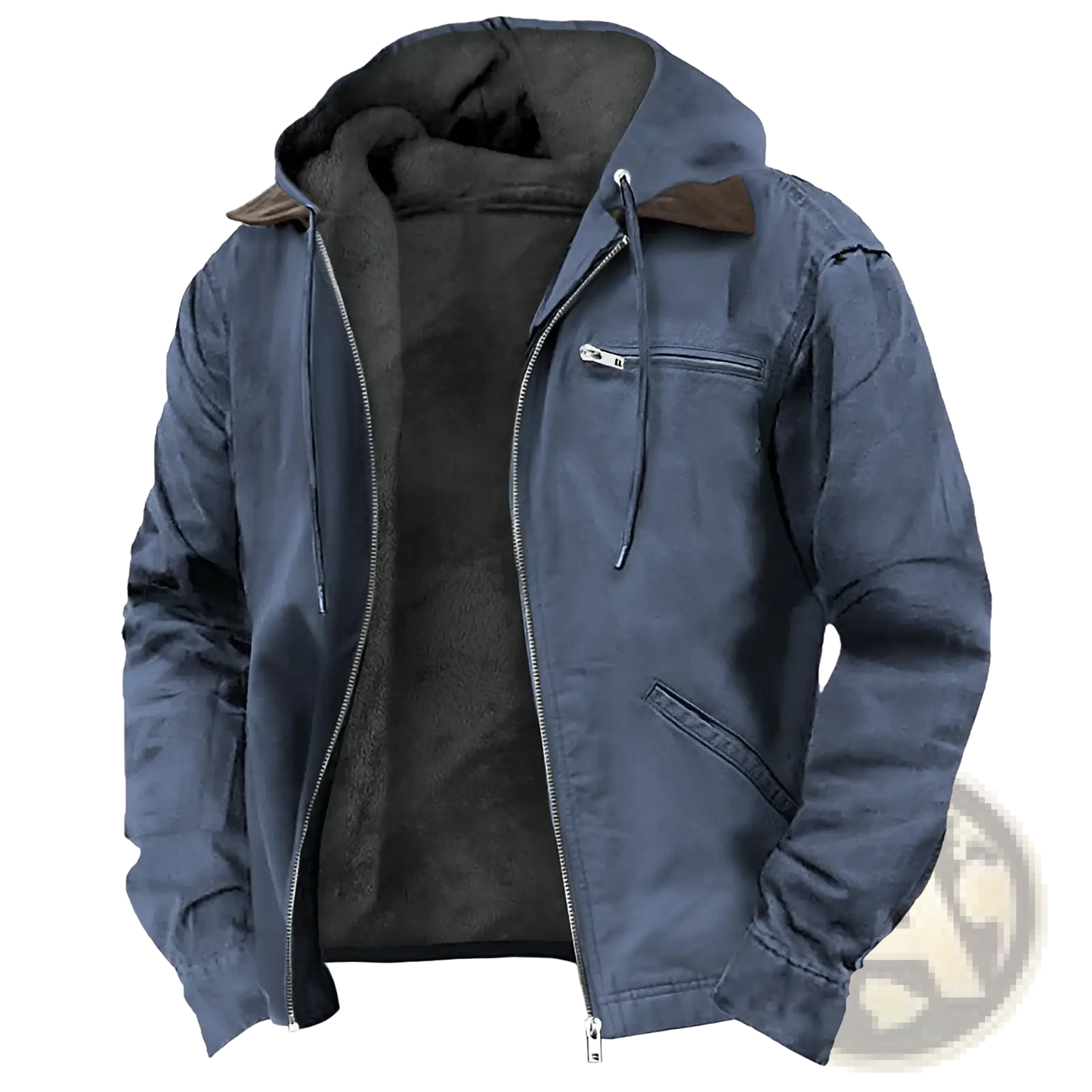 Men's Winter Fleece Lined Hooded Jacket with Leather Accents