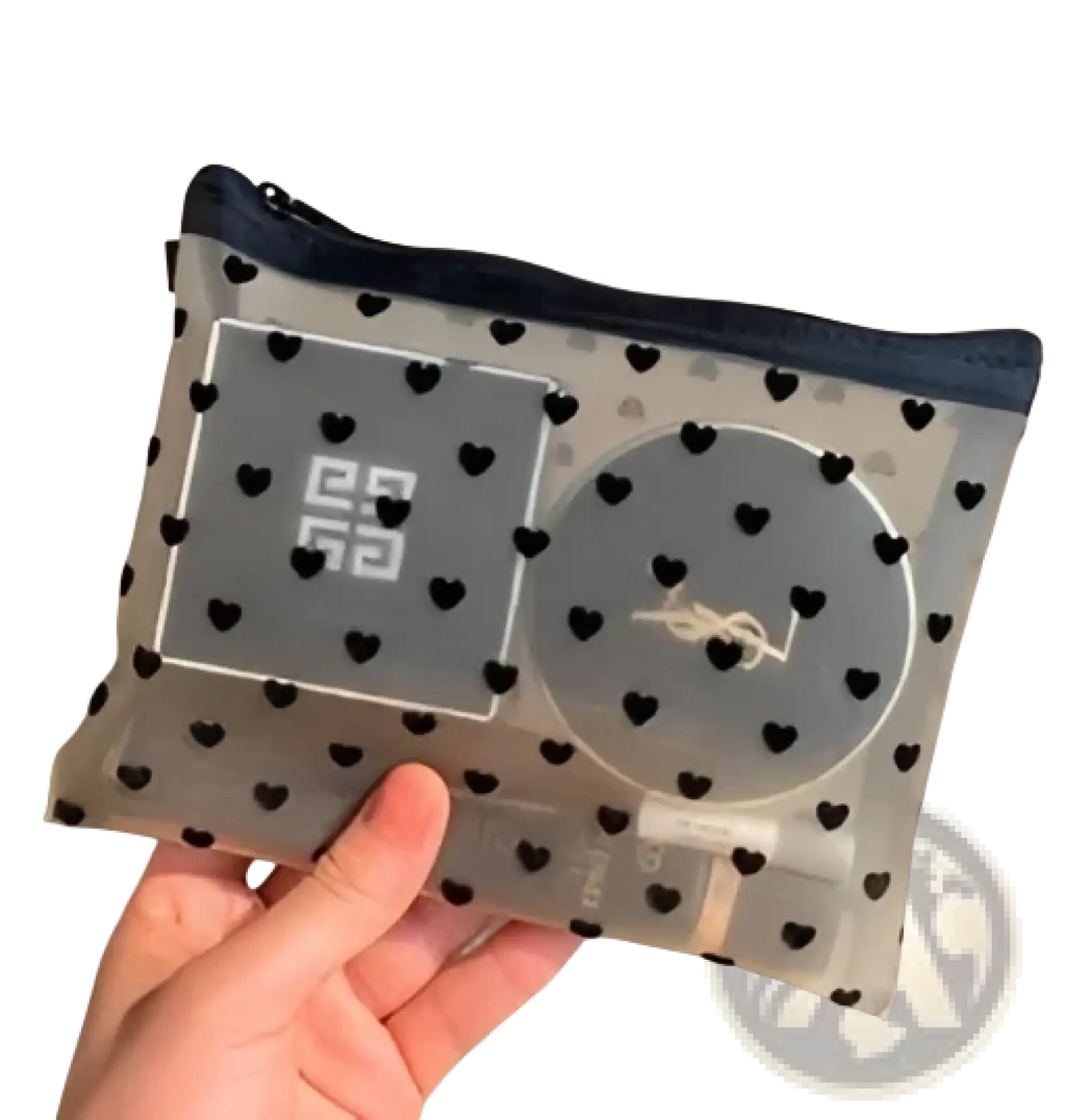 Mesh Makeup Bag with Black Heart Polka Dot Pattern
