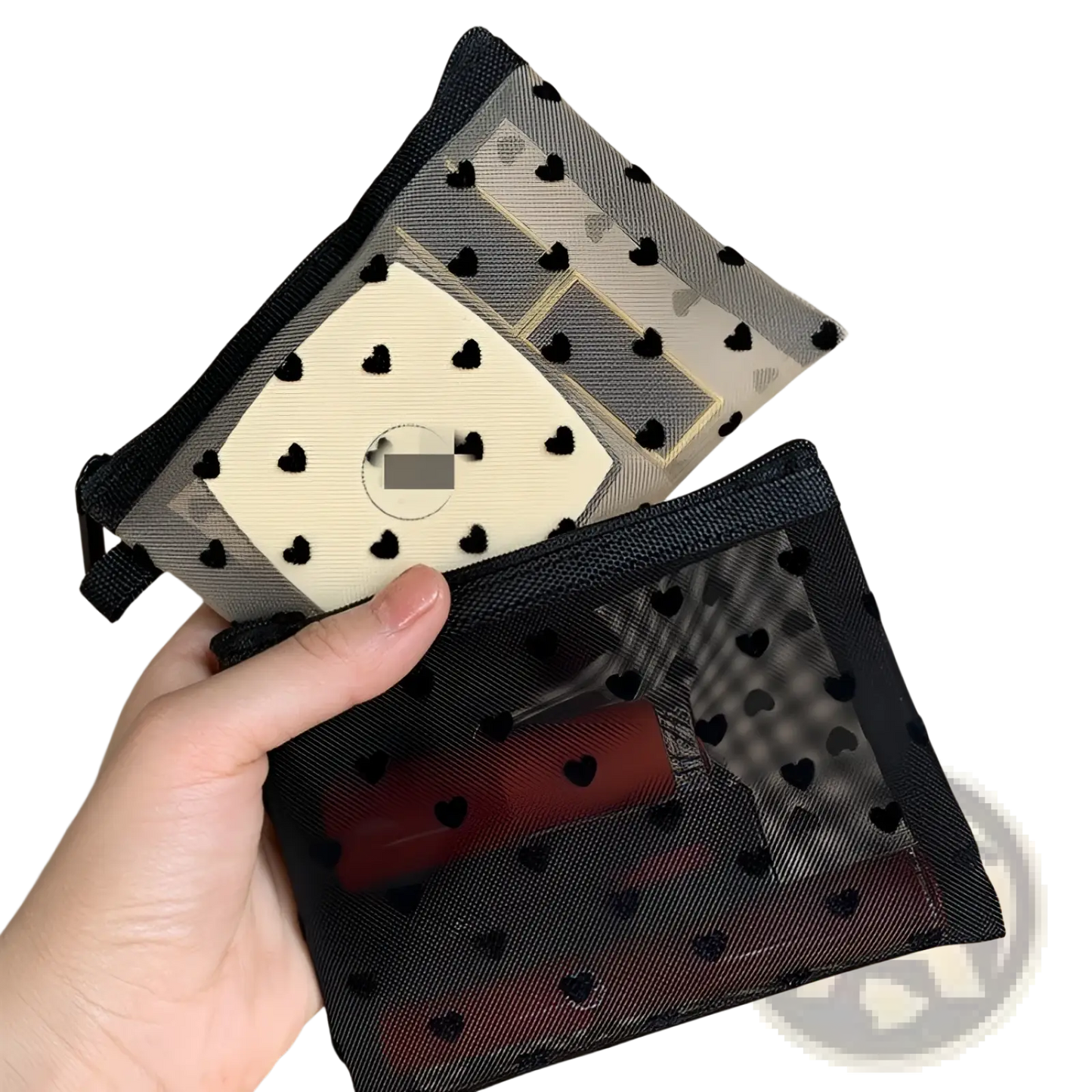 Mesh Makeup Bag with Black Heart Polka Dot Pattern