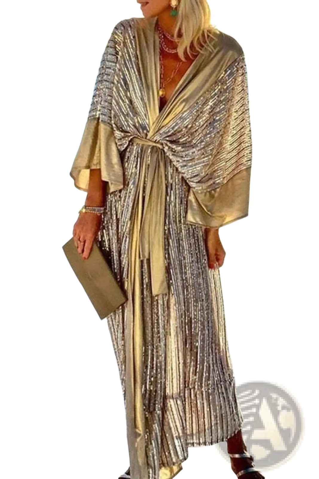 Metallic Bat Sleeve Pleated Sequin Maxi Dress