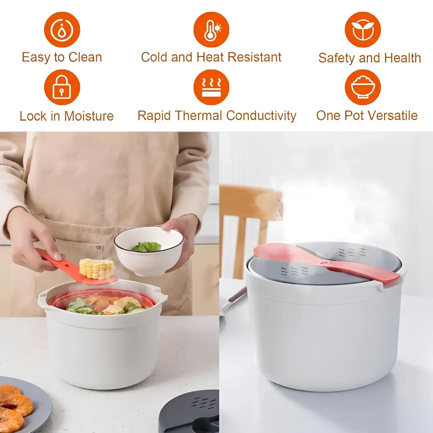 Microwave Rice Cooker 2l Steamer with Strainer Spoon