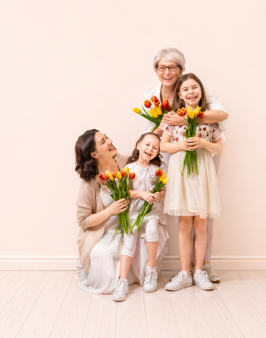 Three generations of women holding tulip bouquets against a light background