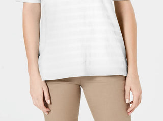 Charter Club Women's Cotton Texture-Striped Elbow-Sleeve Top White Size XX-Large