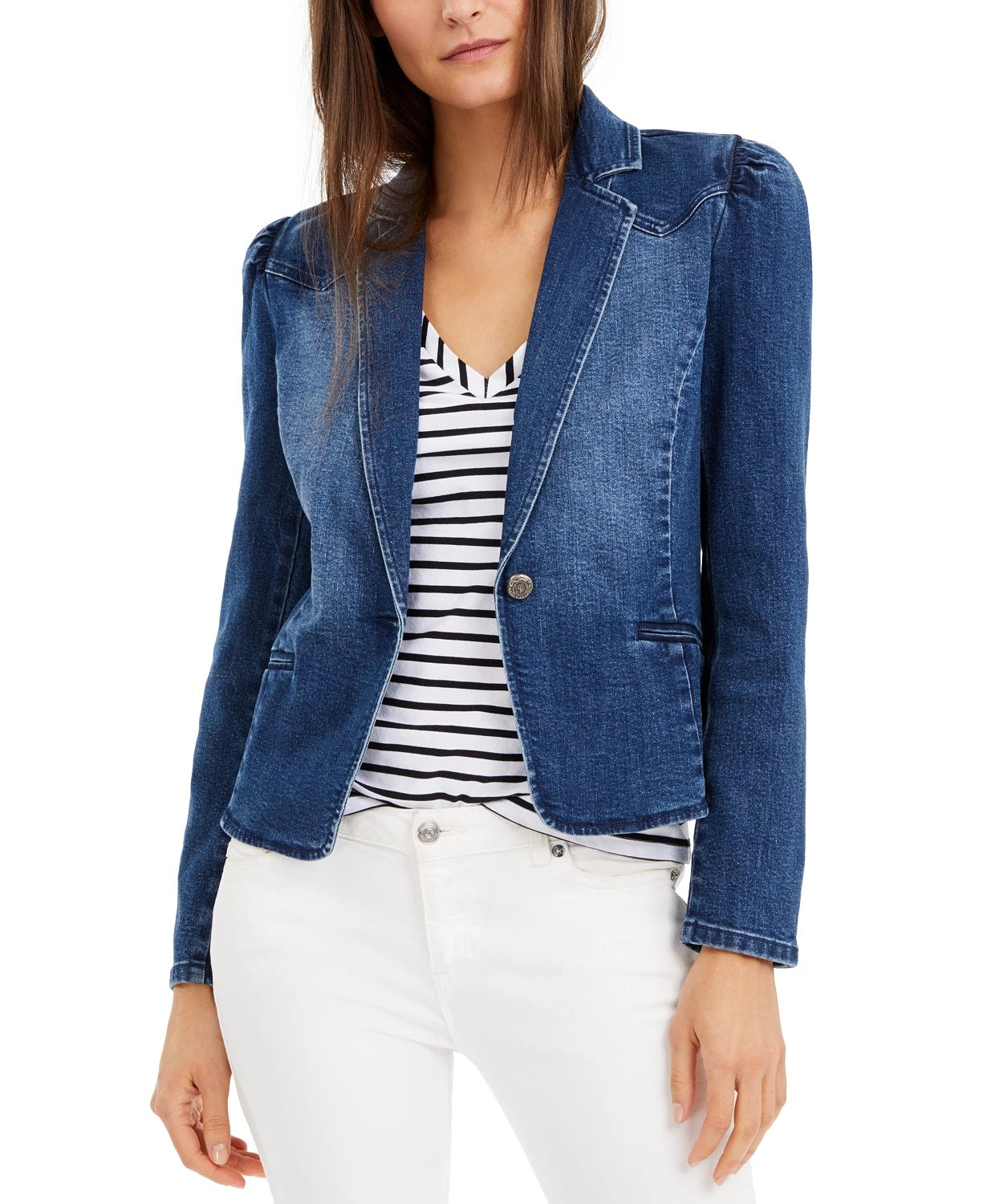 INC International Concepts Women's Puff-Sleeve Denim Blazer Blue Size Extra Large