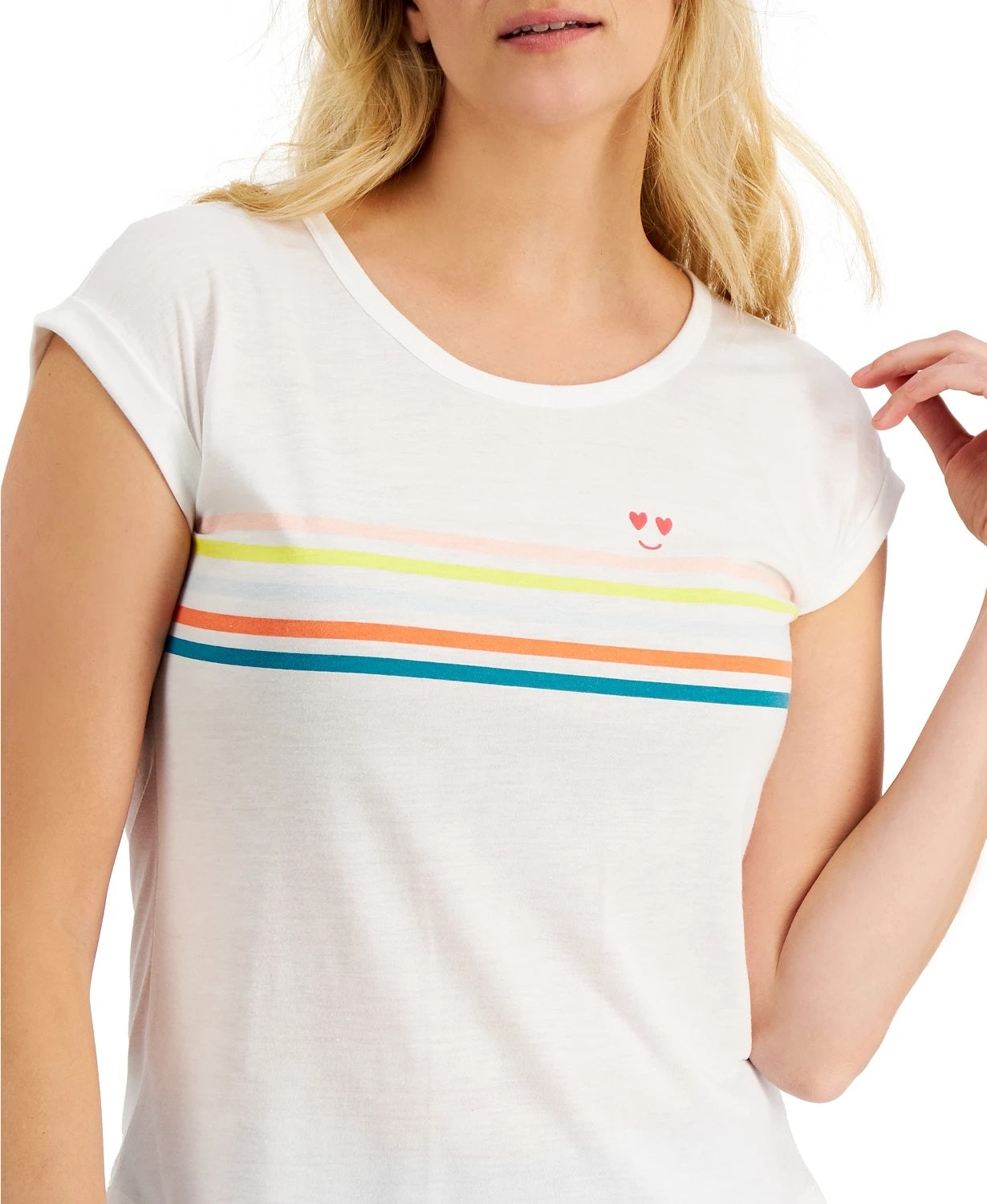 Style & Co Women's Happy Stripes Graphic T-Shirt White Size X-Small