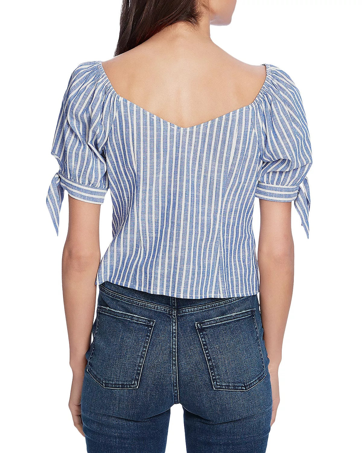 1.STATE Women's Riviera Stripe Tie Cuff Top Blue