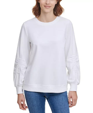 Calvin Klein Women's Ruched-Sleeve Sweatshirt White Size Large