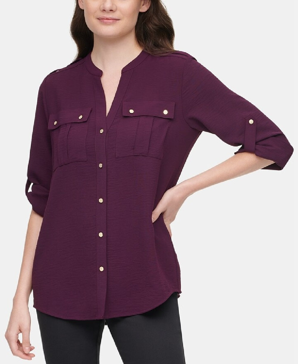 Calvin Klein Women's Textured Roll-Tab Blouse Purple Size Extra Large