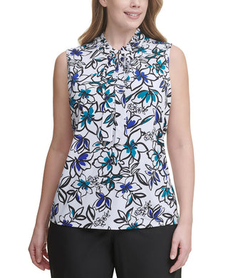 Calvin Klein Women's Plus Size Floral-Print Bow-Neck Top Blue Size 1X