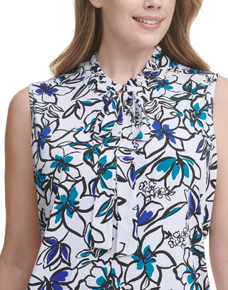 Calvin Klein Women's Plus Size Floral-Print Bow-Neck Top Blue Size 1X