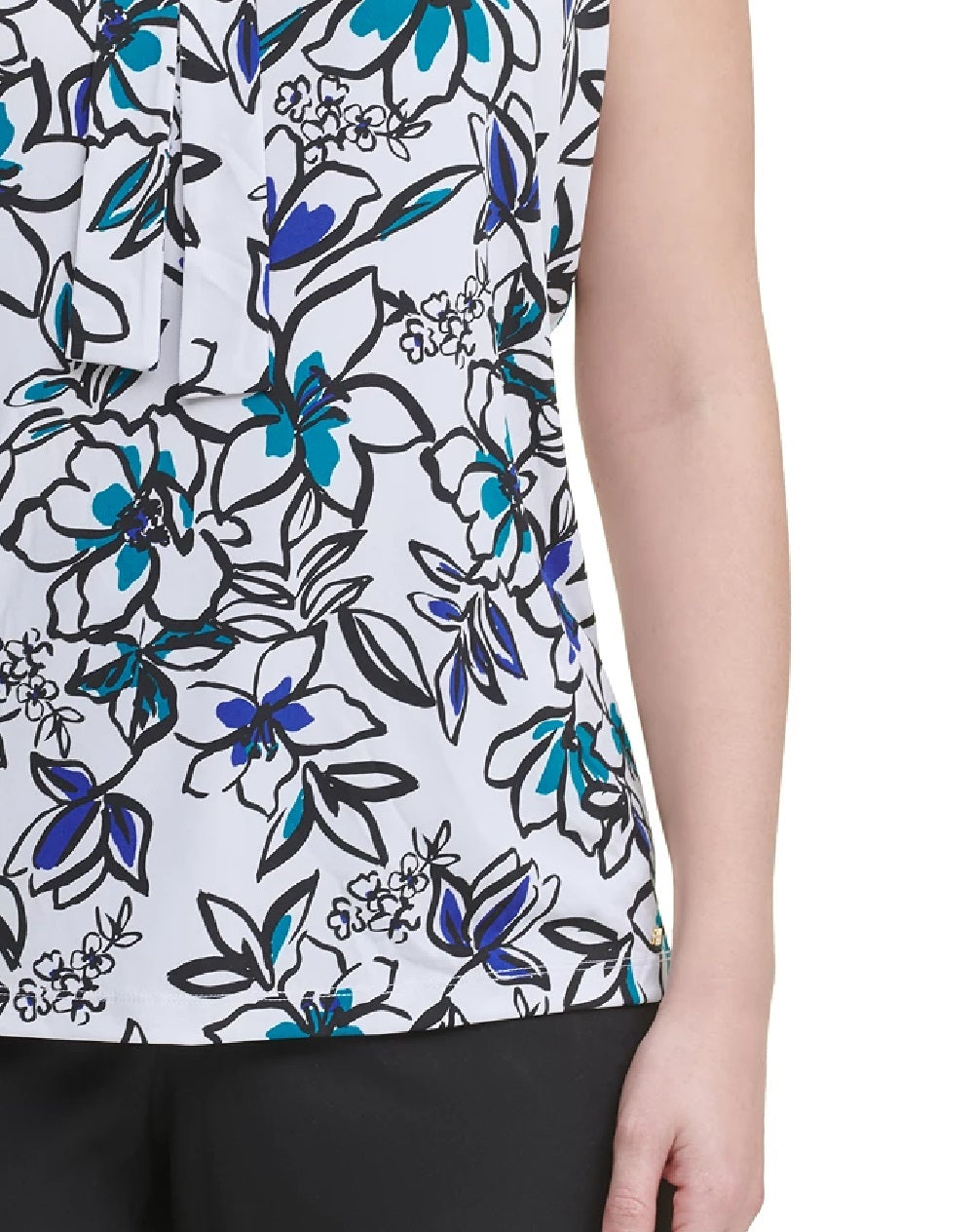 Calvin Klein Women's Plus Size Floral-Print Bow-Neck Top Blue Size 1X