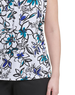 Calvin Klein Women's Plus Size Floral-Print Bow-Neck Top Blue Size 1X