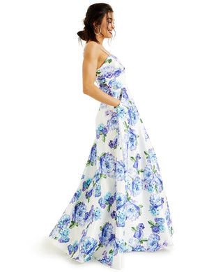 City Studios Juniors' Sparkle Floral- Dot Satin GownBlue Size 1