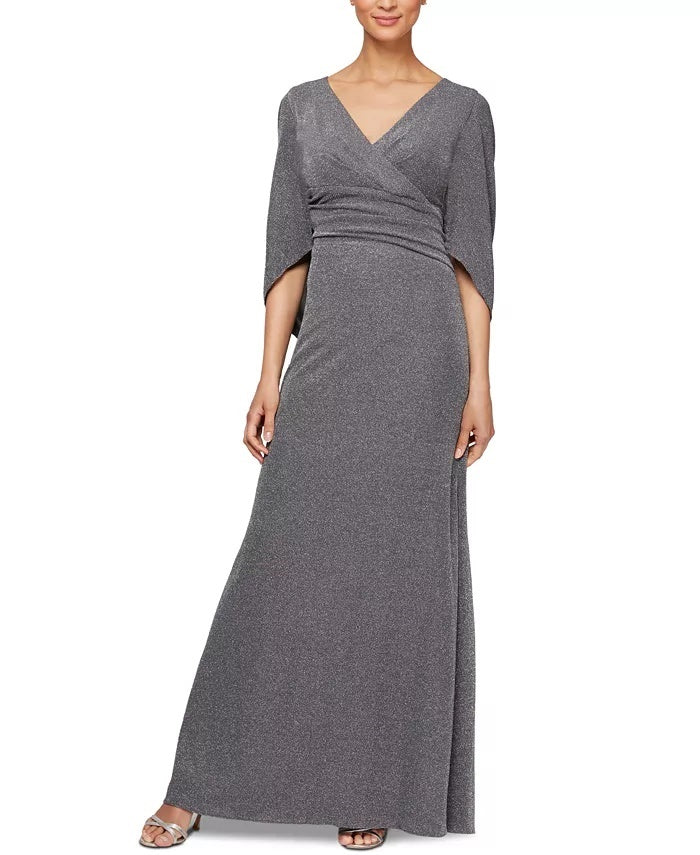 Alex Evenings Women's Cape Sleeve Metallic Twill Gown Gray Silver Size 16