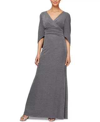 Alex Evenings Women's Cape Sleeve Metallic Twill Gown Gray Silver Size 16
