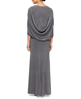 Alex Evenings Women's Cape Sleeve Metallic Twill Gown Gray Silver Size 16