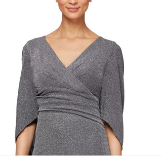 Alex Evenings Women's Cape Sleeve Metallic Twill Gown Gray Silver Size 16