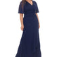 B & A By Betsy & Adam Women's Plus Size Embellished Flutter-Sleeve Gown Navy Size Small Petite